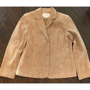 Margaret Godfrey Women's Suede Embroidered Tan Beige Blazer Lined Size 14